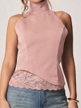 Women's Dusty Pink High-Neck Lace Trim Top